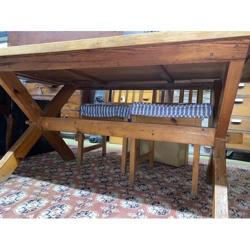 1061 - A rectangular pitch pine tavern type refectory dining table, length 182cm, width 86cm, height 73cm a... 