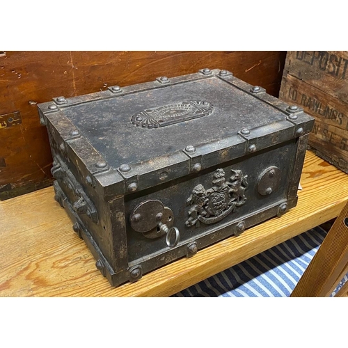 1062 - A 19th century Brevete iron strong box, with key, width 37cm, depth 26cm, height 18cm