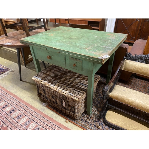 1077 - A late 19th century Continental two drawer painted draw leaf dining table, length 110cm, depth 80cm,... 