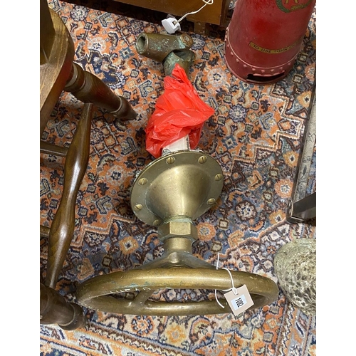 1082 - A vintage Merryweather extinguisher and ship's wheel