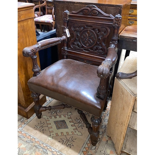 1101 - A 19th century Flemish carved oak elbow chair, width 65cm, depth 50cm, height 98cm