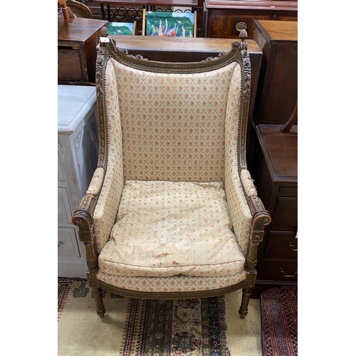 1105 - A 19th century French upholstered carved giltwood armchair, width 63cm, depth 62cm, height 112cm... 