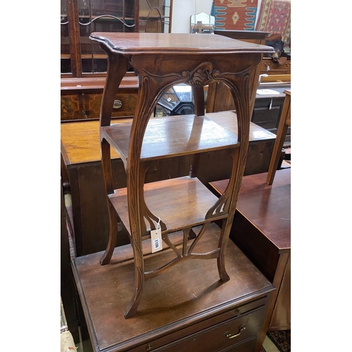 1106 - An early 20th century French Art Nouveau mahogany three tier etagere, width 42cm, depth 30cm, height... 