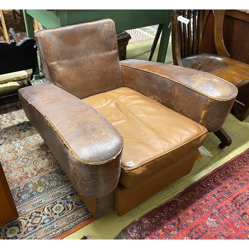 1113 - A mid 20th century French brown leather club armchair, width 88cm, depth 82cm, height 69cm