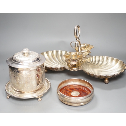 1335 - A silver plated strawberry and cream stand with a silver mounted coaster, and a plated biscuit barre... 