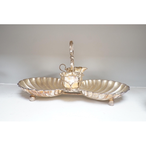 1335 - A silver plated strawberry and cream stand with a silver mounted coaster, and a plated biscuit barre... 