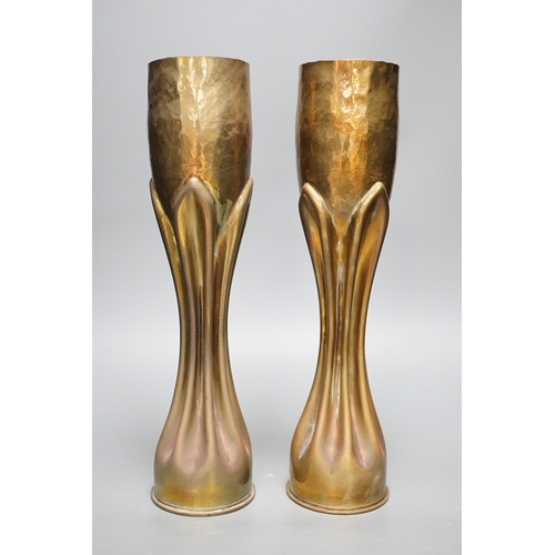 1337 - Trenchart- A pair of WWI brass shell case vases, 34.5cm tall