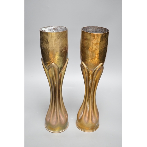 1337 - Trenchart- A pair of WWI brass shell case vases, 34.5cm tall