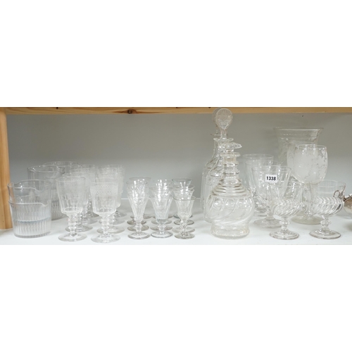 1338 - Assorted 19th and 20th century drinking glasses, rinsers, an etched vase, a pair of cut glass decant... 