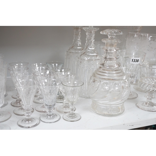 1338 - Assorted 19th and 20th century drinking glasses, rinsers, an etched vase, a pair of cut glass decant... 