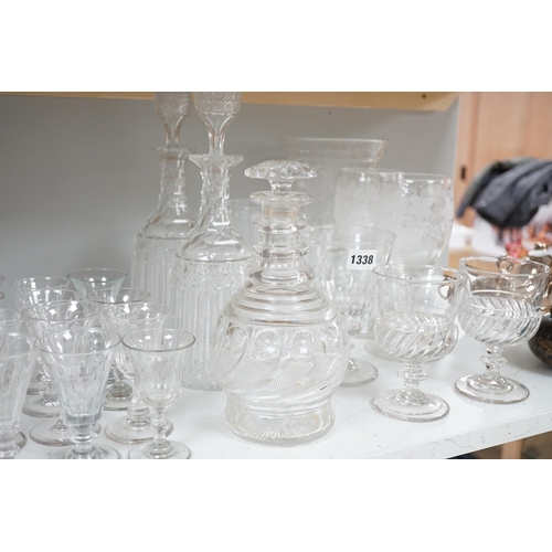 1338 - Assorted 19th and 20th century drinking glasses, rinsers, an etched vase, a pair of cut glass decant... 