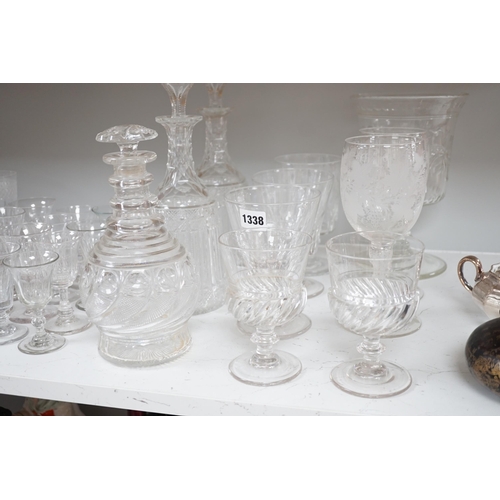 1338 - Assorted 19th and 20th century drinking glasses, rinsers, an etched vase, a pair of cut glass decant... 