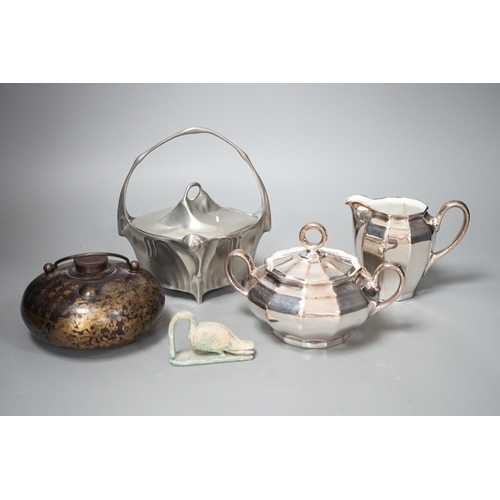 1339 - An Art Nouveau Kayserzinn lidded pewter sugar bowl and a small collection of minor works of art (a q... 