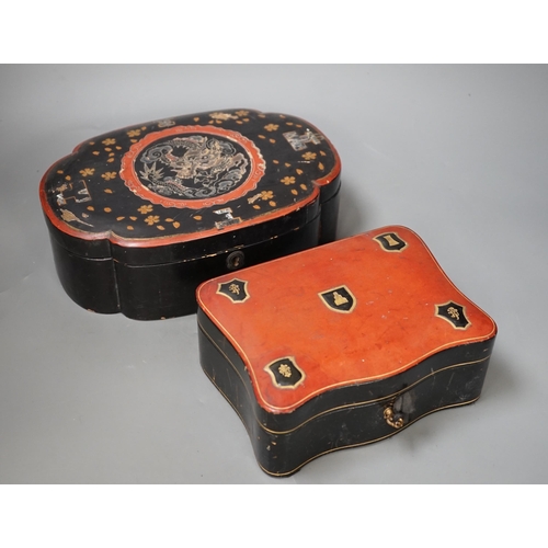 1343 - A French leather mounted serpentine glove box and a Japanese  lacquer box. Largest 26.5cm wide... 