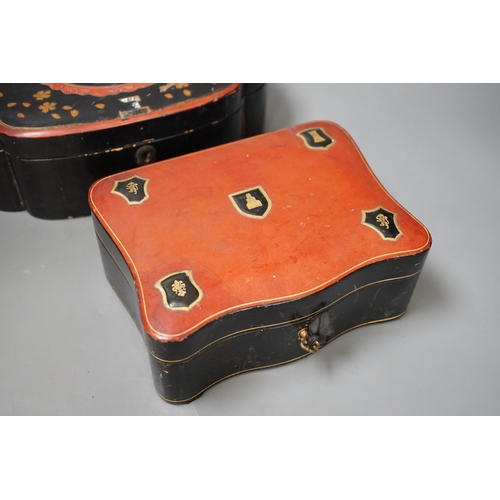 1343 - A French leather mounted serpentine glove box and a Japanese  lacquer box. Largest 26.5cm wide... 