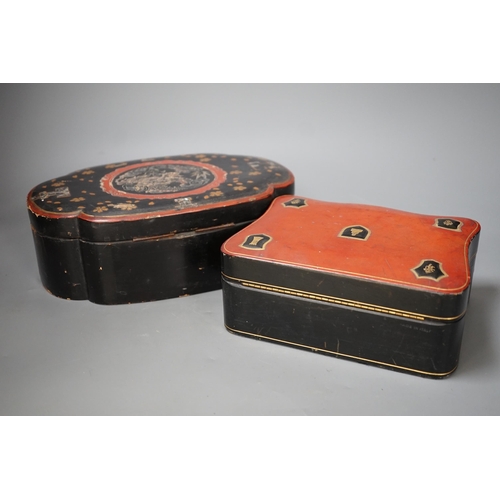 1343 - A French leather mounted serpentine glove box and a Japanese  lacquer box. Largest 26.5cm wide... 