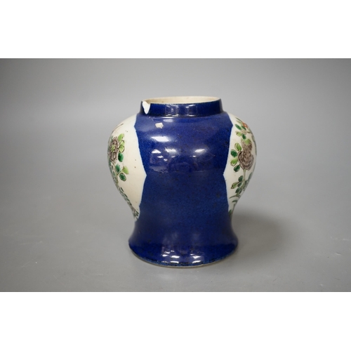 1344 - A Chinese powder blue vase, late 19th century,  with panelled floral decoration (a.f.). 12cm high... 