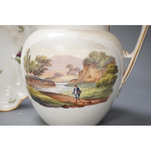 1345 - A Regency porcelain jug, 18cm high, and a Chamberlain's Worcester plate