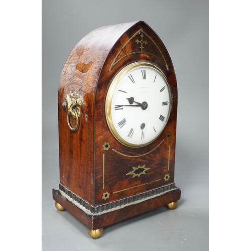 1346 - A Clements of Oxford brass inset mahogany lancet timepiece, with pendulum. 30cm high