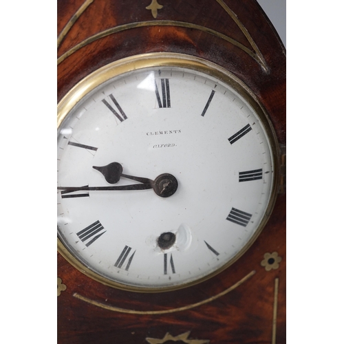 1346 - A Clements of Oxford brass inset mahogany lancet timepiece, with pendulum. 30cm high