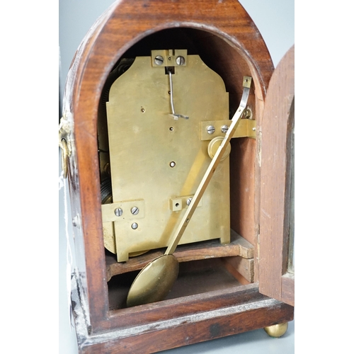 1346 - A Clements of Oxford brass inset mahogany lancet timepiece, with pendulum. 30cm high