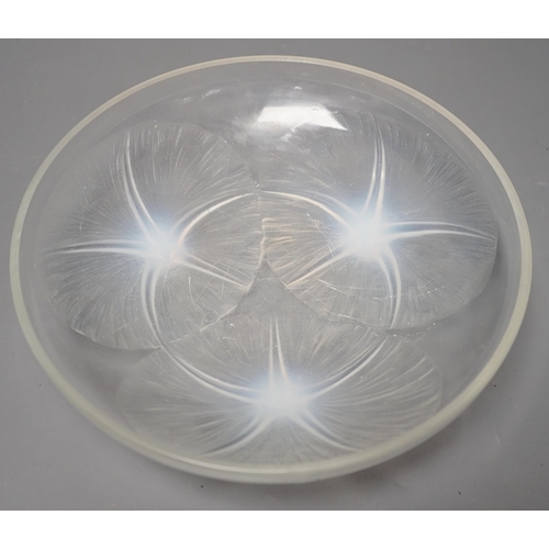 1352 - A R. Lalique Volubulis pattern opalescent glass tripod bowl. 21.5cm diameter