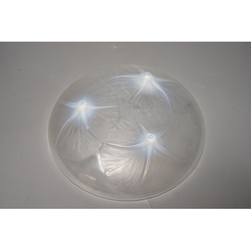 1352 - A R. Lalique Volubulis pattern opalescent glass tripod bowl. 21.5cm diameter