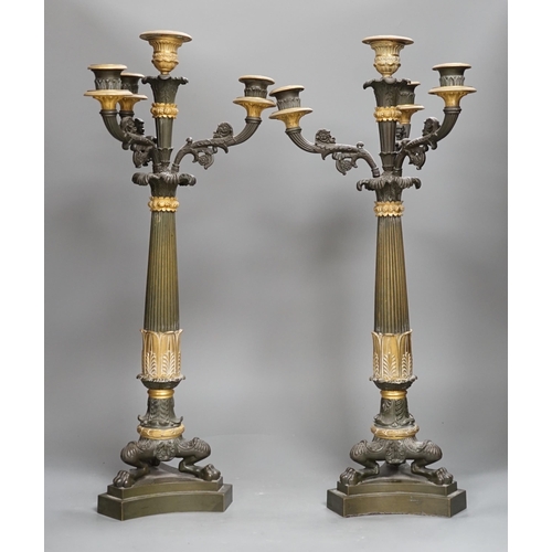 1358 - A pair of 19th century French Empire style bronze and gilt metal three branch, four light candelabra... 