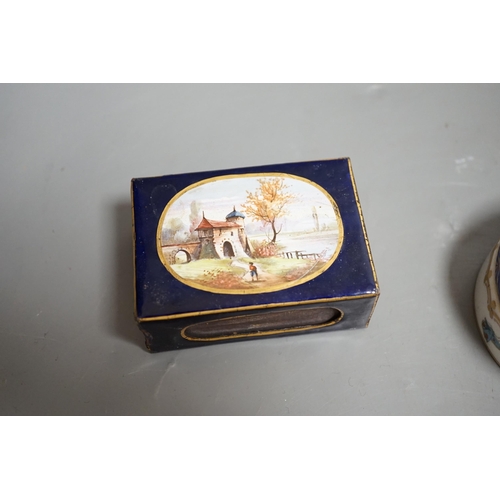 1456 - A Continental circular porcelain pot and cover, a plaque and a matchbox cover