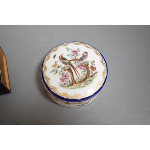 1456 - A Continental circular porcelain pot and cover, a plaque and a matchbox cover