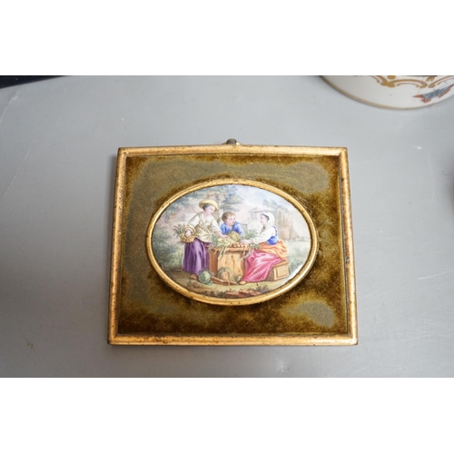 1456 - A Continental circular porcelain pot and cover, a plaque and a matchbox cover