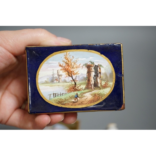 1456 - A Continental circular porcelain pot and cover, a plaque and a matchbox cover