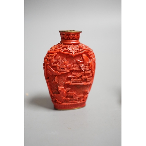 1462 - A Chinese resin snuff bottle, a resin Buddha on stand and a resin netsuke