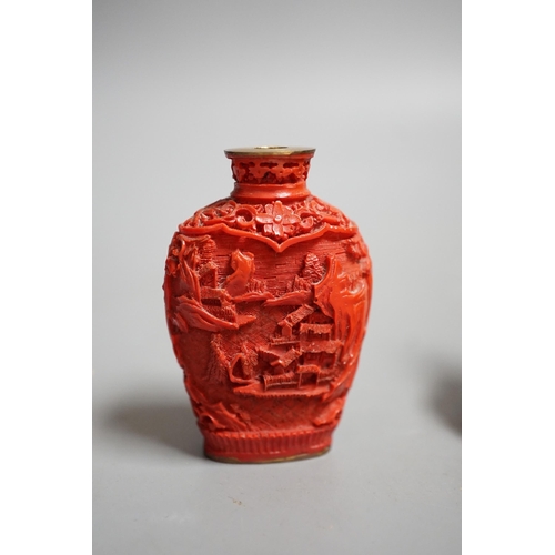 1462 - A Chinese resin snuff bottle, a resin Buddha on stand and a resin netsuke