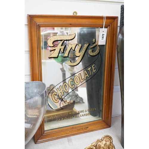 1472 - A Fry's Chocolate advertising mirror and frame, 39cms x 54cms including frame,