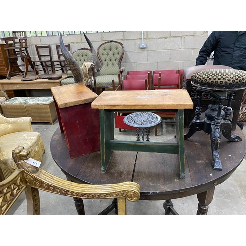 115 - A Damascan footstool with leather seat, a Victorian adjustable piano stool and two painted pine stoo... 