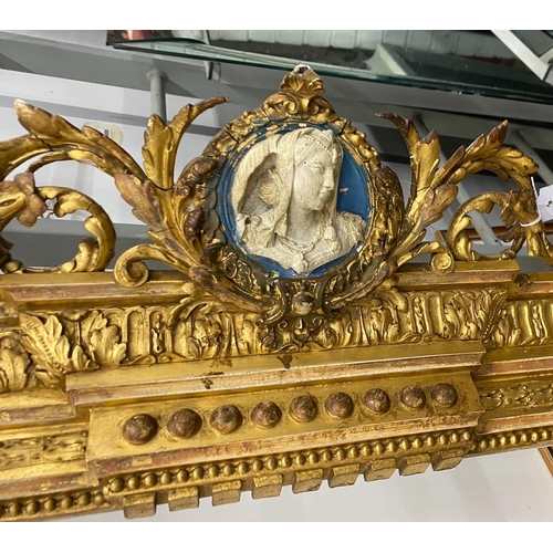 14 - A Victorian carved giltwood and composition pediment with faux jasper panels, length 280cm