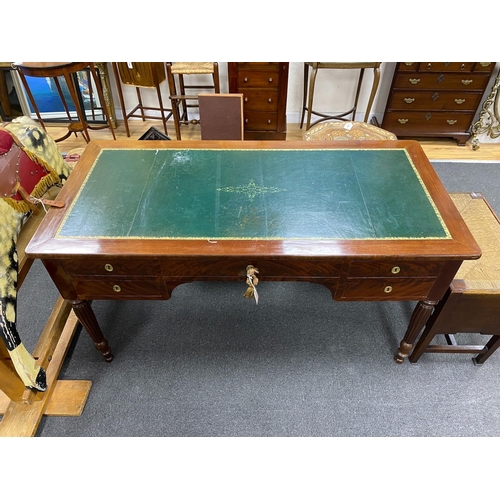 159 - An early 20th century French mahogany kneehole writing table on fluted legs width 144cm, depth 71cm,... 