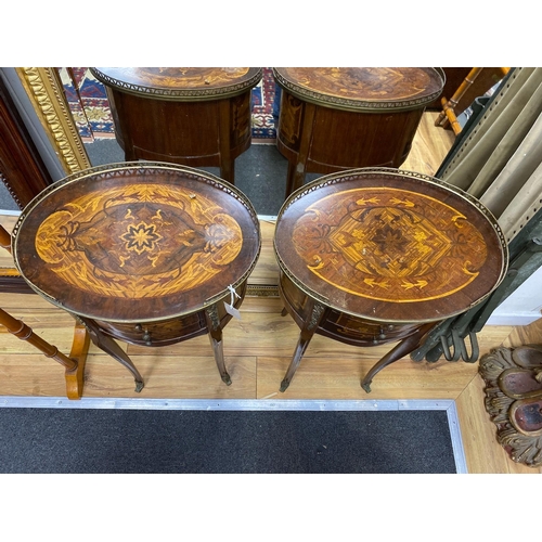 180 - A pair Louis XVI style marquetry inlaid, gilt metal mounted three drawer bedside chests, width 44cm,... 