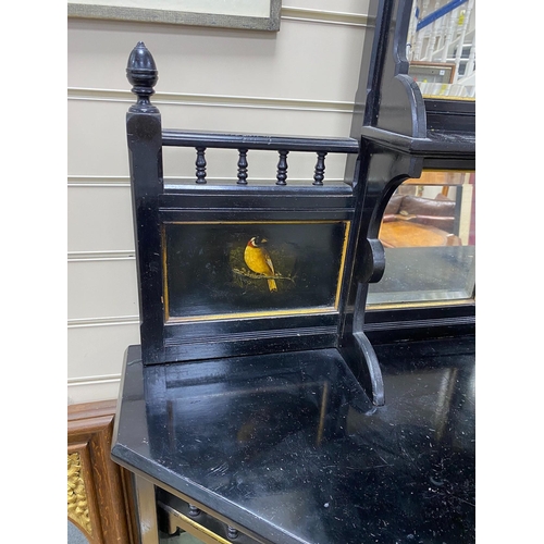 186 - A late Victorian aesthetic movement ebonised and bird's eye maple mirror-back break front sideboard ... 