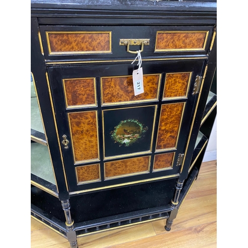 186 - A late Victorian aesthetic movement ebonised and bird's eye maple mirror-back break front sideboard ... 