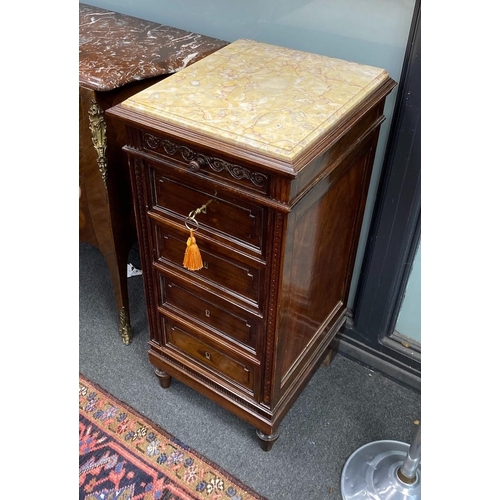 201 - A pair of early 20th century French rosewood five drawer marble top bedside cabinets, width 39cm, de... 