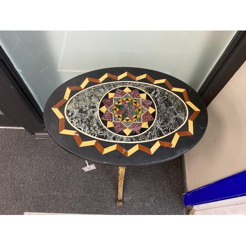 206 - A Victorian cast iron table with oval specimen marble top, width 48cm, depth 33cm, height 72cm... 