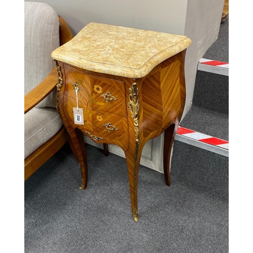 208 - A pair of Louis XVI style inlaid kingwood marble topped bombe bedside chests, width 41cm, depth 29cm... 