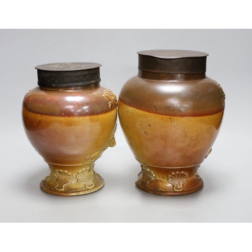 259 - Two 19th century baluster shape salt glazed stoneware storage jars, each with Royal Coat of Arms spr... 