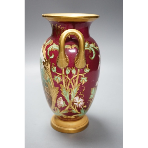 268 - A 19th century English bone china two handled vase, decorated with a central cartouche, in distinctl... 