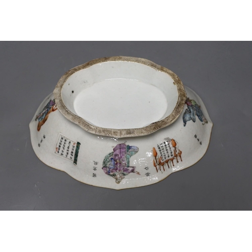 269 - A Chinese inscribed famille rose footed dish, mid 19th century, 28cm long