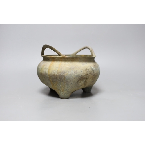 277 - A Chinese two handled bronze censer, 18cm handle to handle