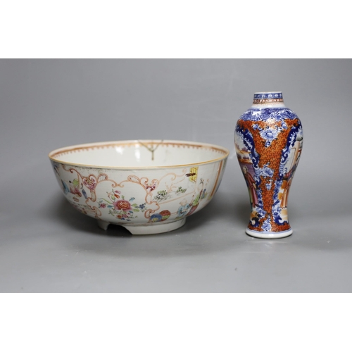 284 - An 18th century Chinese export famille rose bowl and a similar mandarin pattern vase, bowl 26cm diam... 