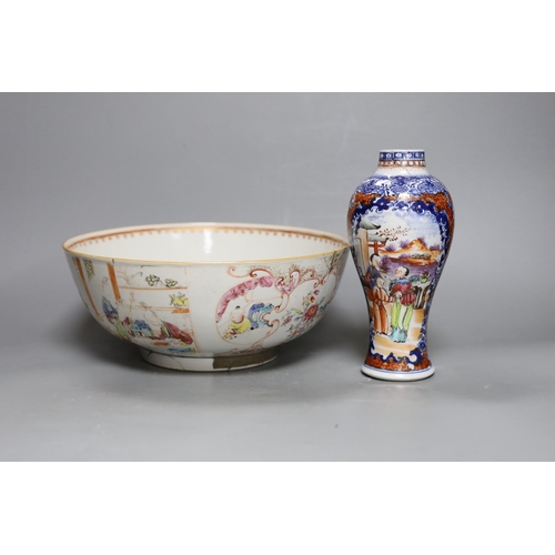 284 - An 18th century Chinese export famille rose bowl and a similar mandarin pattern vase, bowl 26cm diam... 